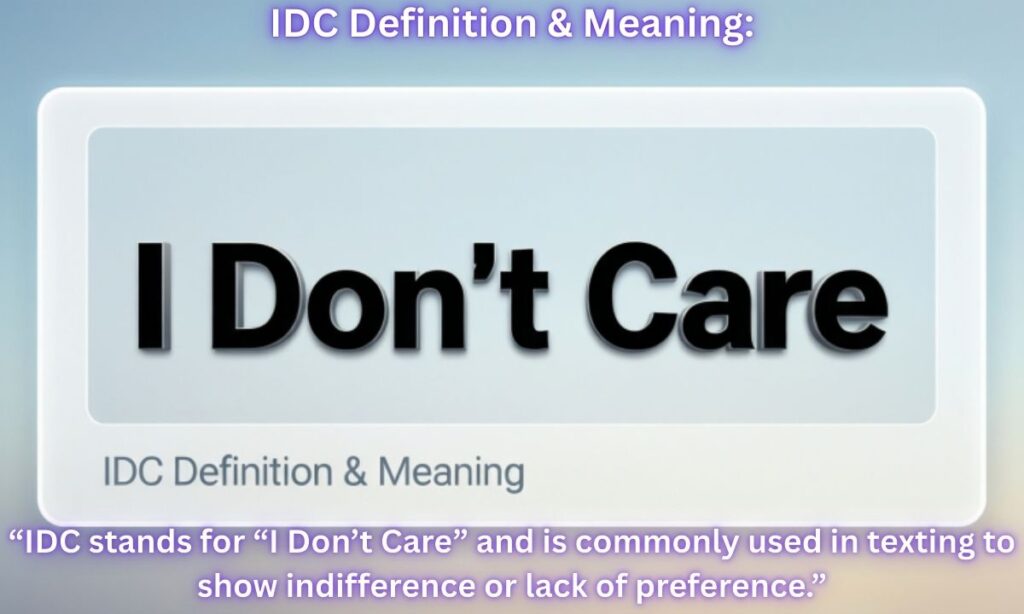 IDC Definition & Meaning: IDC stands for “I Don’t Care” and is commonly used in texting to show indifference or lack of preference.