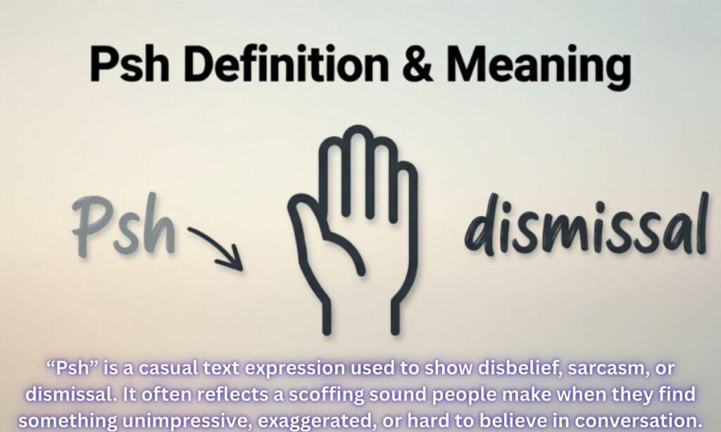 Psh Definition & Meaning:
“Psh” is a casual text expression used to show disbelief, sarcasm, or dismissal. It often reflects a scoffing sound people make when they find something unimpressive, exaggerated, or hard to believe in conversation.