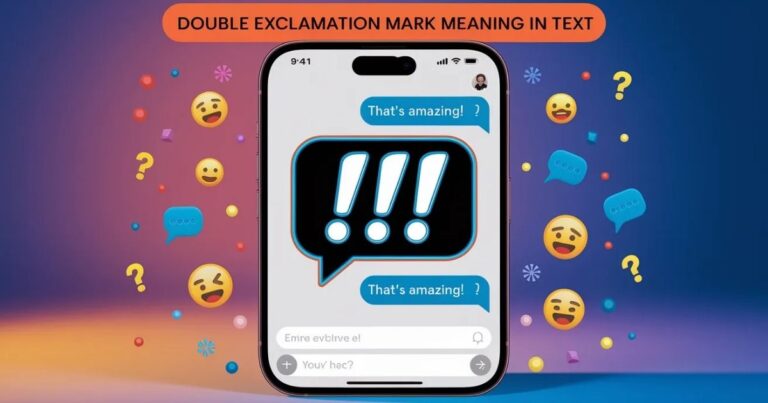 "Smartphone screen showing double exclamation mark meaning in text messages with !! symbols in neon blue chat bubble on gradient background"