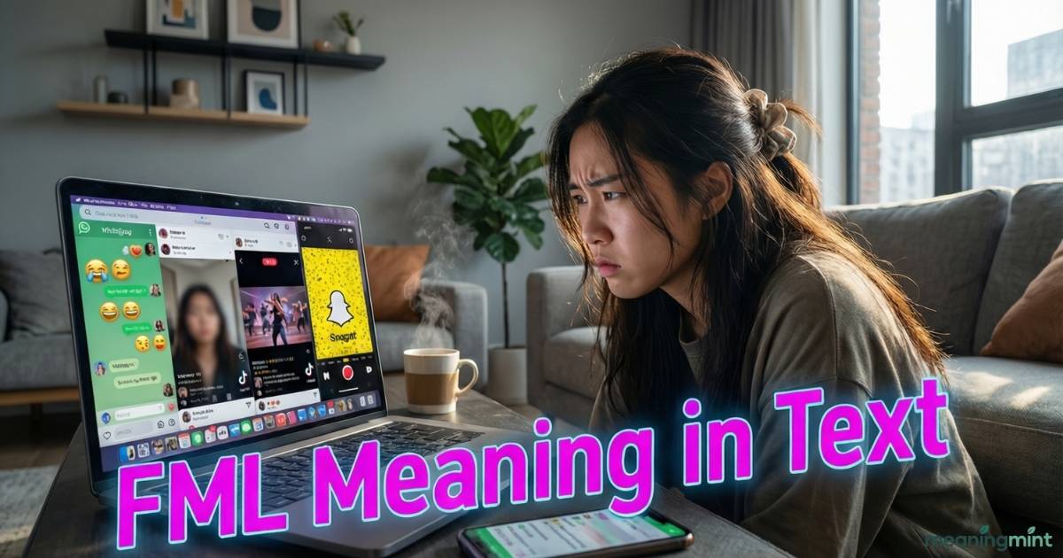 A young adult frustrated while texting on a smartphone, surrounded by chat bubbles with emojis. The image illustrates FML Meaning in Text in a relatable social media context. Colorful digital illustration of someone spilling coffee on a laptop, showing annoyance and bad luck. Bold overlay highlights FML Meaning in Text for casual online chats. Teen sitting at a desk using a phone and laptop, looking stressed with multiple chat bubbles. This visual represents FML Meaning in Text for social media and texting situations. Semi-realistic illustration of a person reacting dramatically to an embarrassing moment on TikTok and Instagram. Bold text overlay clearly shows FML Meaning in Text.