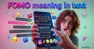 Young adults checking social media on their phones, experiencing FOMO meaning in text as they see friends at a party. Social anxiety and fear of missing out illustrated digitally. A smartphone screen showing messages with the term FOMO meaning in text. Friends sharing event invites, highlighting casual slang and social media trends. Teen scrolling Instagram stories, feeling FOMO meaning in text. Emojis and captions convey the fear of missing out on parties and online events. Group chat conversation on WhatsApp with the phrase FOMO meaning in text. Illustrates informal slang use and social media-driven social anxiety.