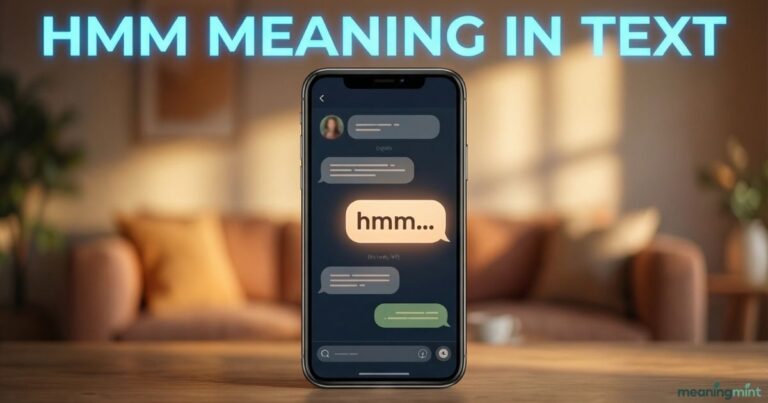 Illustration showing a smartphone chat with “hmm…” message bubble explaining hmm meaning in text clearly. Visual represents thinking, hesitation, and curiosity in online messaging conversations. Designed for understanding slang usage in WhatsApp, SMS, and social media chats.