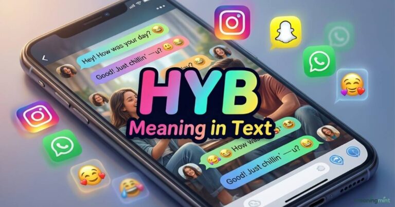 A smartphone showing a casual texting conversation with the acronym HYB Meaning in Text. Bright chat bubbles and emojis highlight online messaging culture. HYB Meaning in Text overlay appears in bold, colorful letters for clarity.