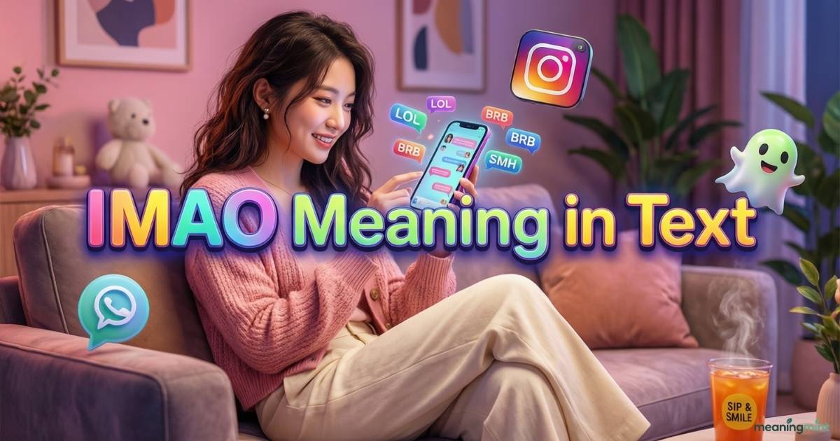 IMAO Meaning in Text Person texting on smartphone with colorful chat bubbles. Text abbreviation IMAO Meaning in Text highlighted in bold, vibrant colors. Represents casual online messaging and social media conversation culture.