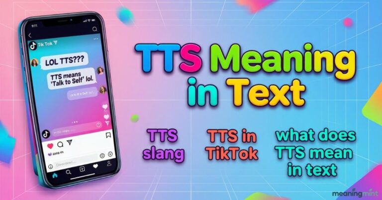 Illustration showing TTS Meaning in Text in casual chat and social media contexts. Shows examples of Text-to-Speech feature and slang usage in messages. Highlights how TTS is used on Snapchat, WhatsApp, TikTok, and Instagram.