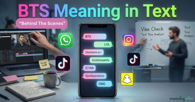 A smartphone showing chat messages with BTS meaning in text. Friends texting about behind-the-scenes actions and hidden efforts. Focus on casual online chat and informal social media conversation.