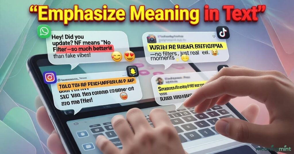 Modern messaging app interface with WhatsApp, Instagram, and Snapchat style chats.
Text bubbles show emojis, ALL CAPS, and punctuation to emphasize meaning in text.
A bold overlay makes the keyword visually clear and attention-grabbing.