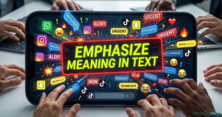 A smartphone screen showing chat messages with emojis and highlighted words. The conversation demonstrates how to emphasize meaning in text effectively. Bright colors and bold overlays highlight important parts of the messages.