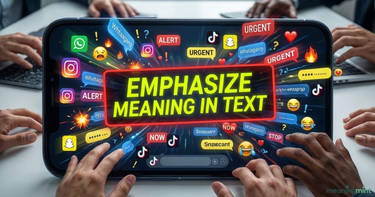 A smartphone screen showing chat messages with emojis and highlighted words. The conversation demonstrates how to emphasize meaning in text effectively. Bright colors and bold overlays highlight important parts of the messages.