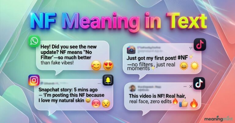 Infographic explaining NF Meaning in Text. Shows usage in WhatsApp, Snapchat, and Instagram chats. Highlights authenticity, honesty, and online texting examples.
