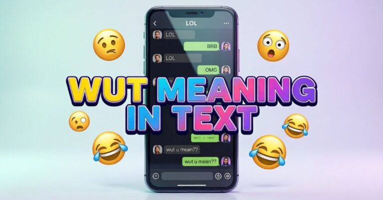 Wut Meaning in Text: The Ultimate Guide to Chat Slang Illustration showing a smartphone chat screen explaining wut meaning in text. Colorful message bubbles display the slang word “wut” clearly. Visual represents confusion and surprise in casual online conversations.