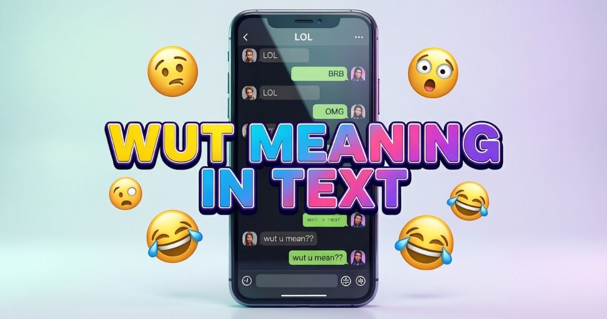 Wut Meaning in Text: The Ultimate Guide to Chat Slang Illustration showing a smartphone chat screen explaining wut meaning in text. Colorful message bubbles display the slang word “wut” clearly. Visual represents confusion and surprise in casual online conversations.